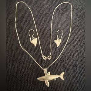 3 Pieces Sterling Silver Shark Pendant Necklace and Earring Set